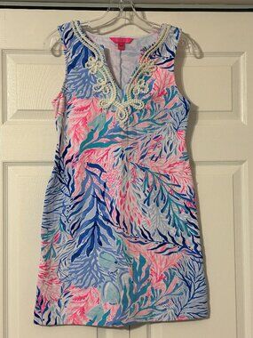 LILLY PULITZER Harper Crew Blue Kaleidoscope French Terry Stretch Shift Dress